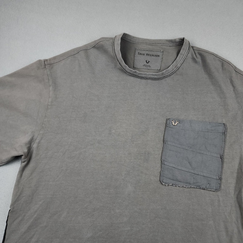True Religion Shirt Mens Large Gray Varsity Tee Pocket Side Zip Hem Cotton